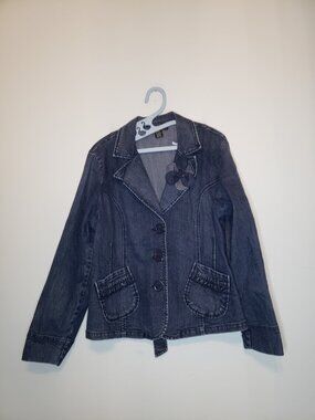 Vtg Venezia Womens 14 16 Jean Blazer Jacket Button Up Flower Ruffle Denim Fitted